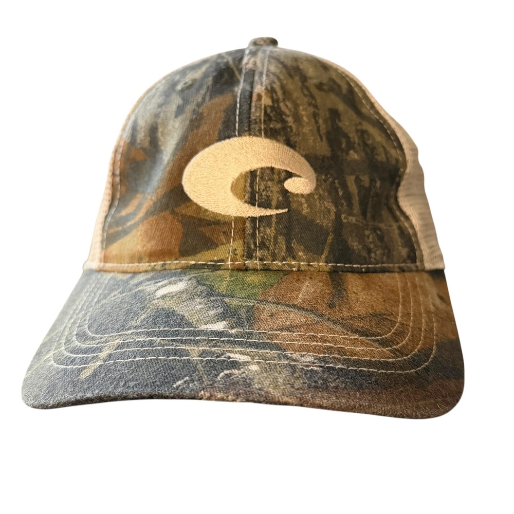 Costa Del Mar Camo Trucker Hat Mens Mesh Back Adjustable Fishing Cap Brown Tan